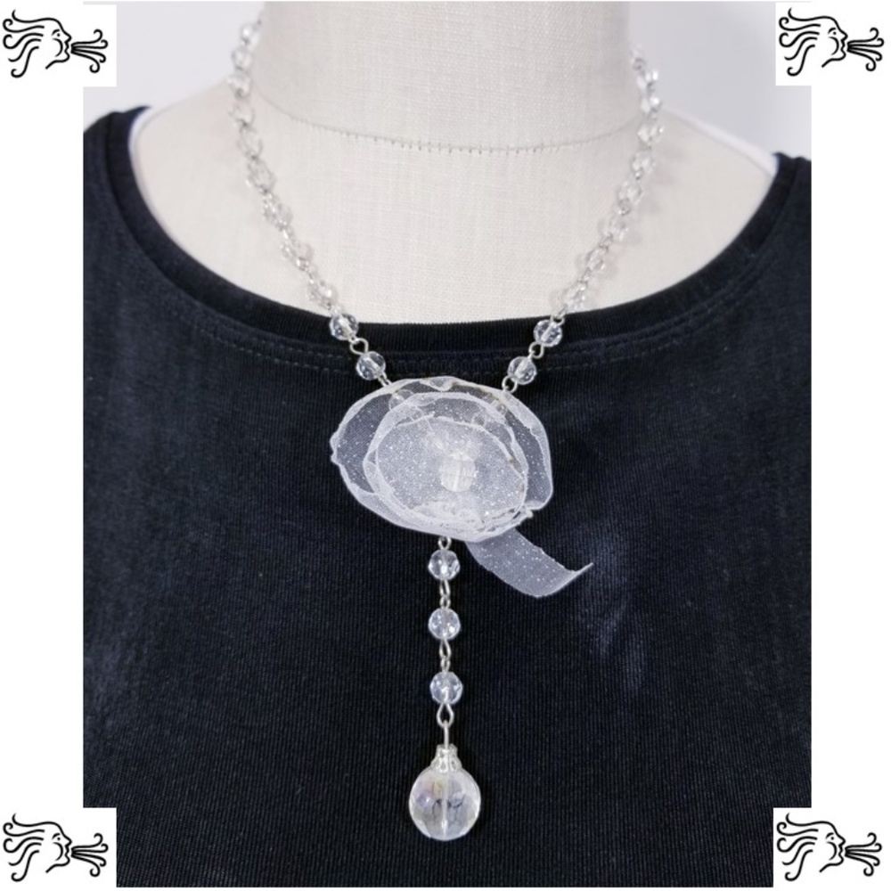 Y Necklace Clear Crystal Silver Chain Drop